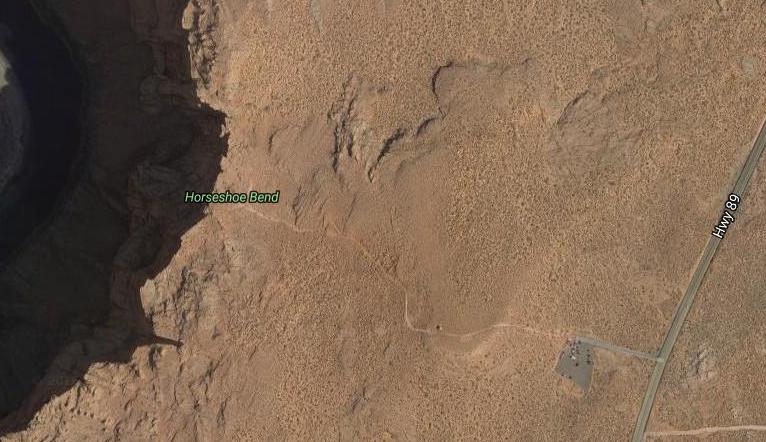 Mapa camino Horseshoe Bend desde satélite. 