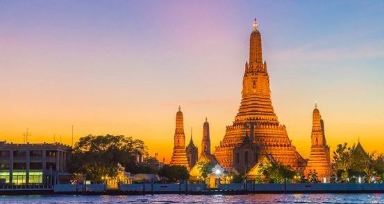 Wat Arun Temple at twilight in Bangkok, Thailand.