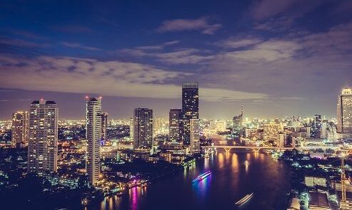 Beautiful architecture in bangkok city skyline at night in Thailand - Filter effect